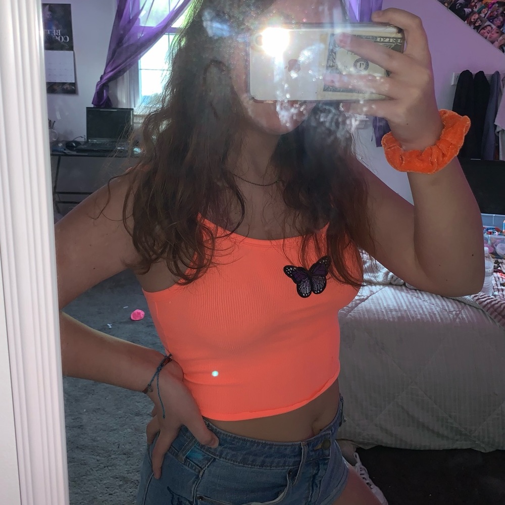 Cropped neon orange/ pink butterfly tank top